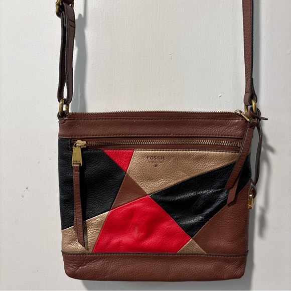 Fossil Fiona Crossbody Color Block Leather Bag Handbag Purse Red Black Brown - Picture 1 of 10
